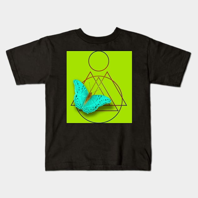 Surreal blue butterfly on vibrant green Kids T-Shirt by hereswendy